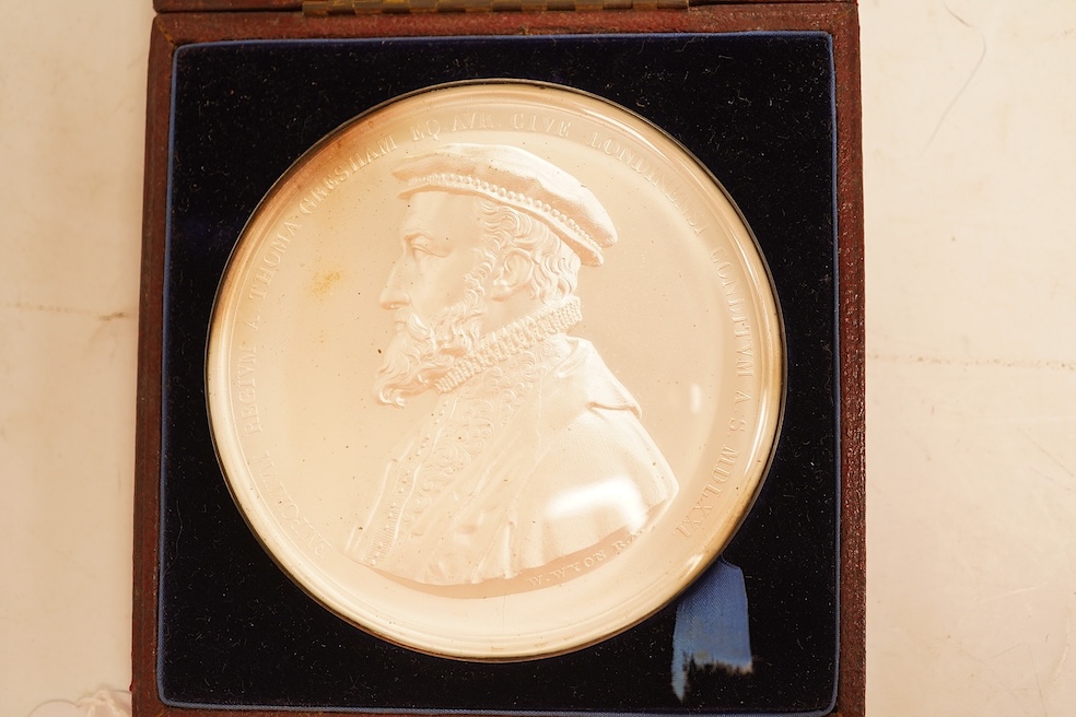Victoria medals, Opening of the New Royal Exchange, 1844, a rare silver medal by W. Wyon, bust of Thomas Gresham left, rev. statue of Victoria in front of elevation of the Exchange, 73mm, BHM 2185, each side under convex